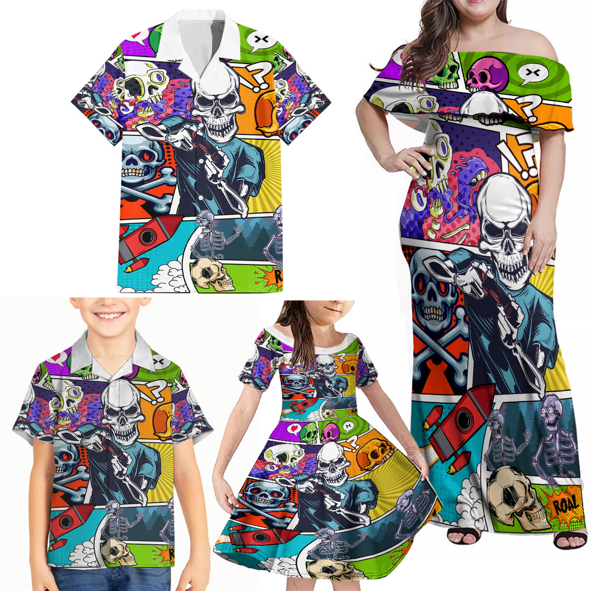 Comic Skull Family Matching Off Shoulder Maxi Dress and Hawaiian Shirt Pop Art Cartoon Skull Funny - Wonder Print Shop