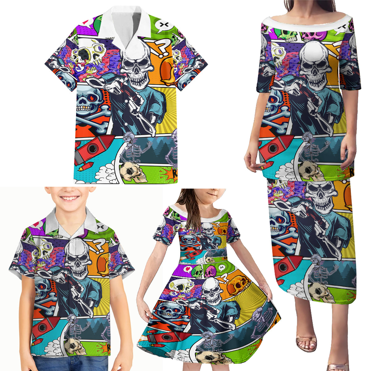 Comic Skull Family Matching Puletasi Dress and Hawaiian Shirt Pop Art Cartoon Skull Funny - Wonder Print Shop