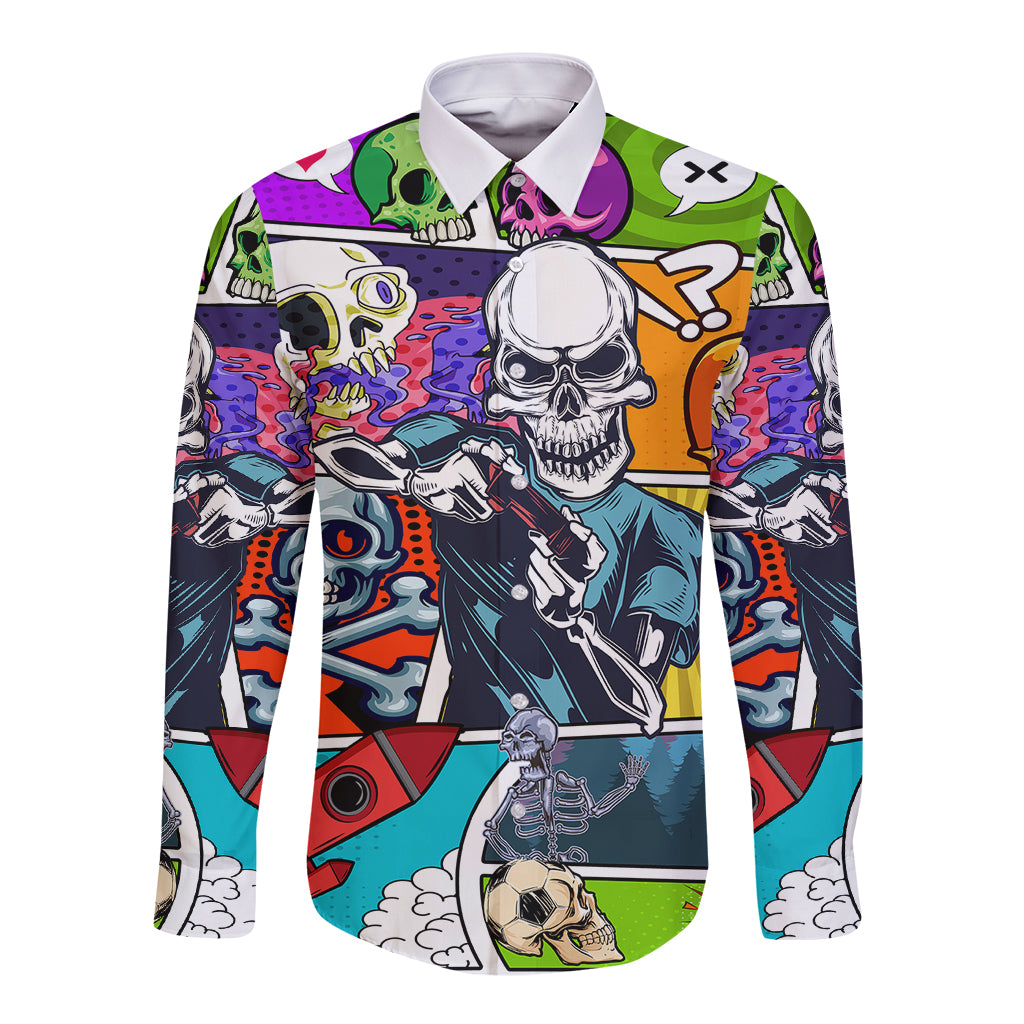 Men's long sleeve button shirt with multicolor comic skull print and graphic cartoon figures