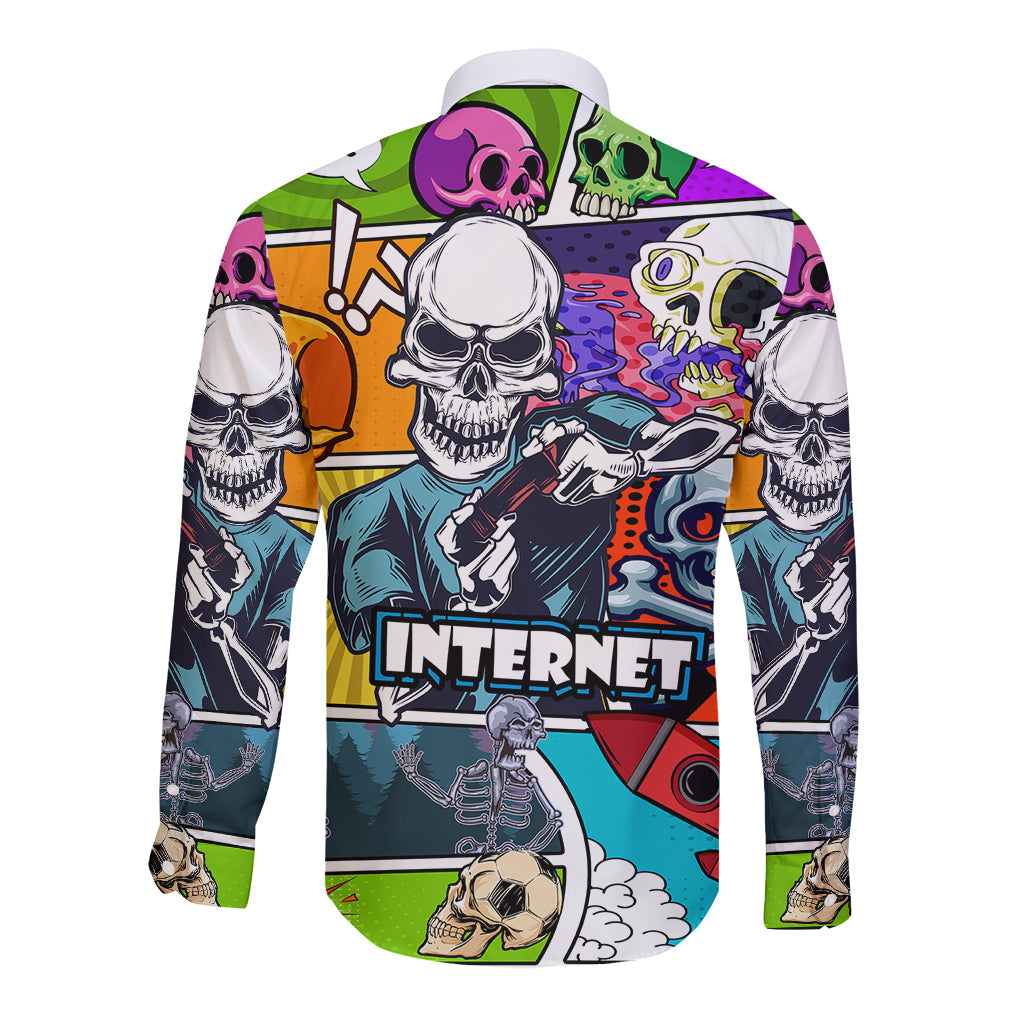 Long sleeve button shirt with multicolor skull trio and bold 'INTERNET' pop art graphic