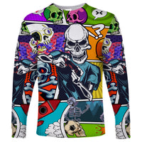 Multicolor long-sleeve skull pop art shirt with skeleton and skull graphics