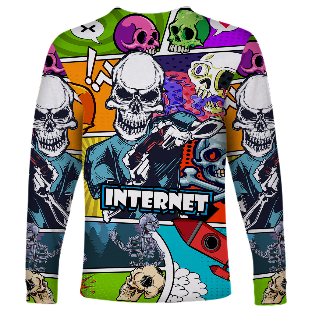 Multicolor long-sleeve skull pop art shirt, central skull with INTERNET text