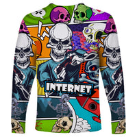 Multicolor long-sleeve skull pop art shirt, central skull with INTERNET text