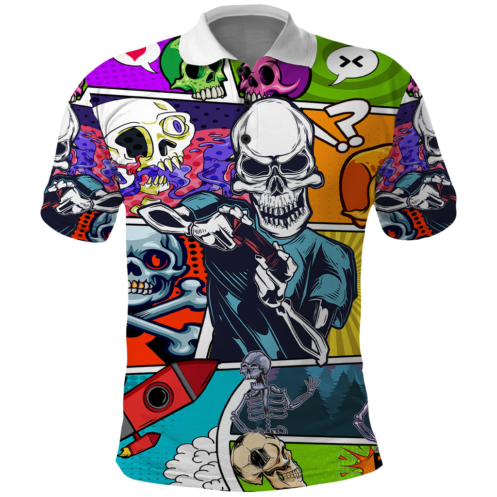 Comic Skull Polo Shirt Pop Art Cartoon Skull Funny - Wonder Print Shop