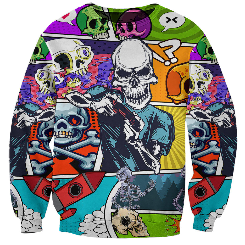 Unisex multicolor sweatshirt with comic skull pop-art graphic on front