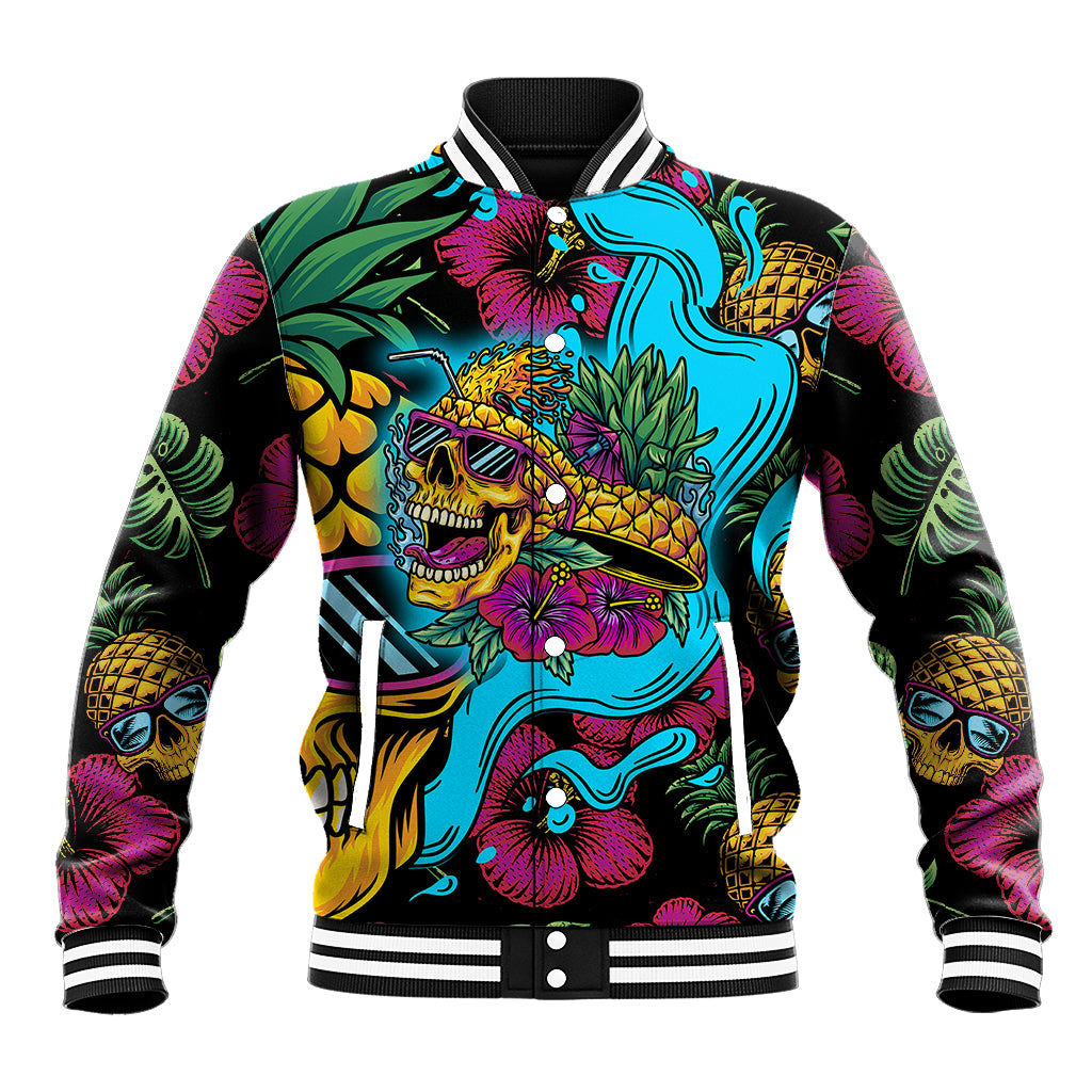 Multicolor tropical baseball jacket with striped rib collar and skull pineapple graphic, front view