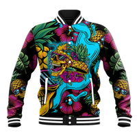 Multicolor tropical baseball jacket with striped rib collar and skull pineapple graphic, front view