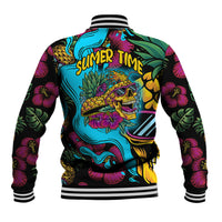 Multicolor tropical baseball jacket with striped rib collar and skull graphic, back view