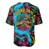 Multicolor baseball jersey with summer skull, pineapple graphic, and tropical flowers