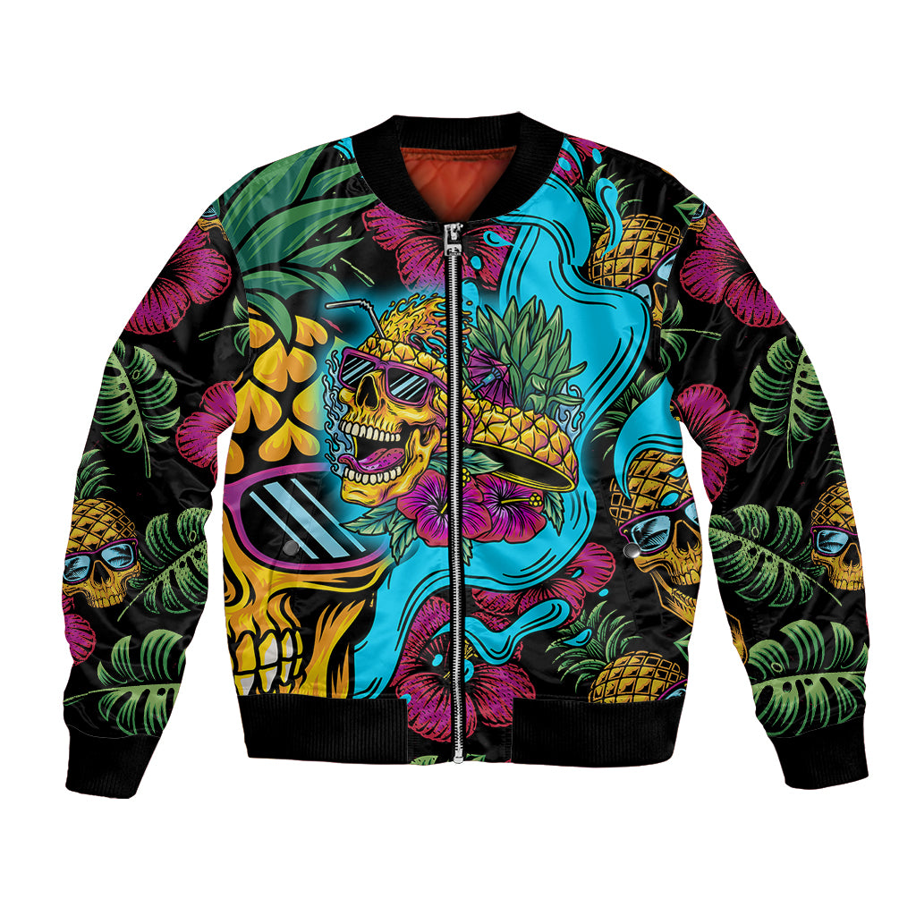 Unisex bomber jacket with full-zip front, colorful pineapple skull and tropical leaf print