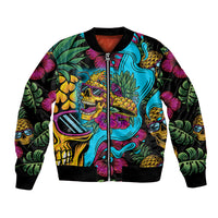 Unisex bomber jacket with full-zip front, colorful pineapple skull and tropical leaf print