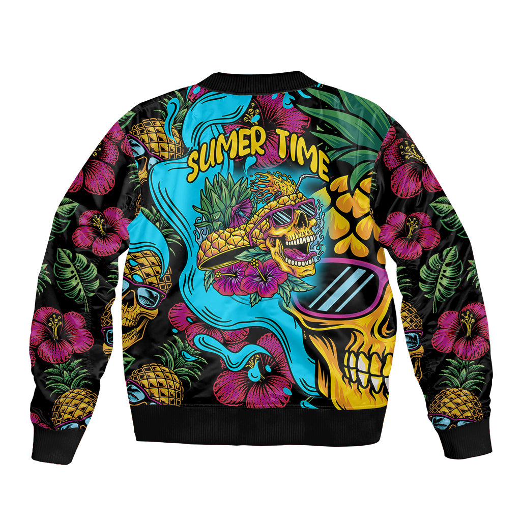 Unisex bomber jacket with tropical pineapple skull graphic, ribbed cuffs and hem