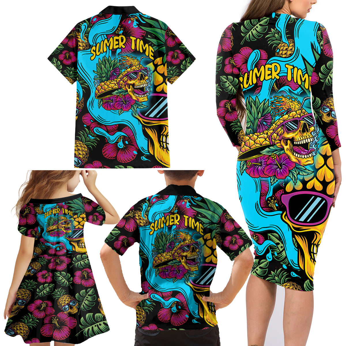 Pineapple Skull Family Matching Long Sleeve Bodycon Dress and Hawaiian Shirt Sumer Time - Wonder Print Shop