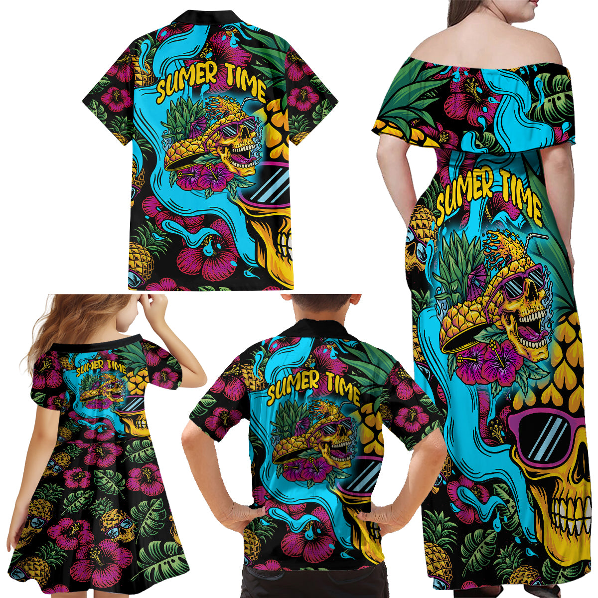 Pineapple Skull Family Matching Off Shoulder Long Sleeve Dress and Hawaiian Shirt Sumer Time - Wonder Print Shop