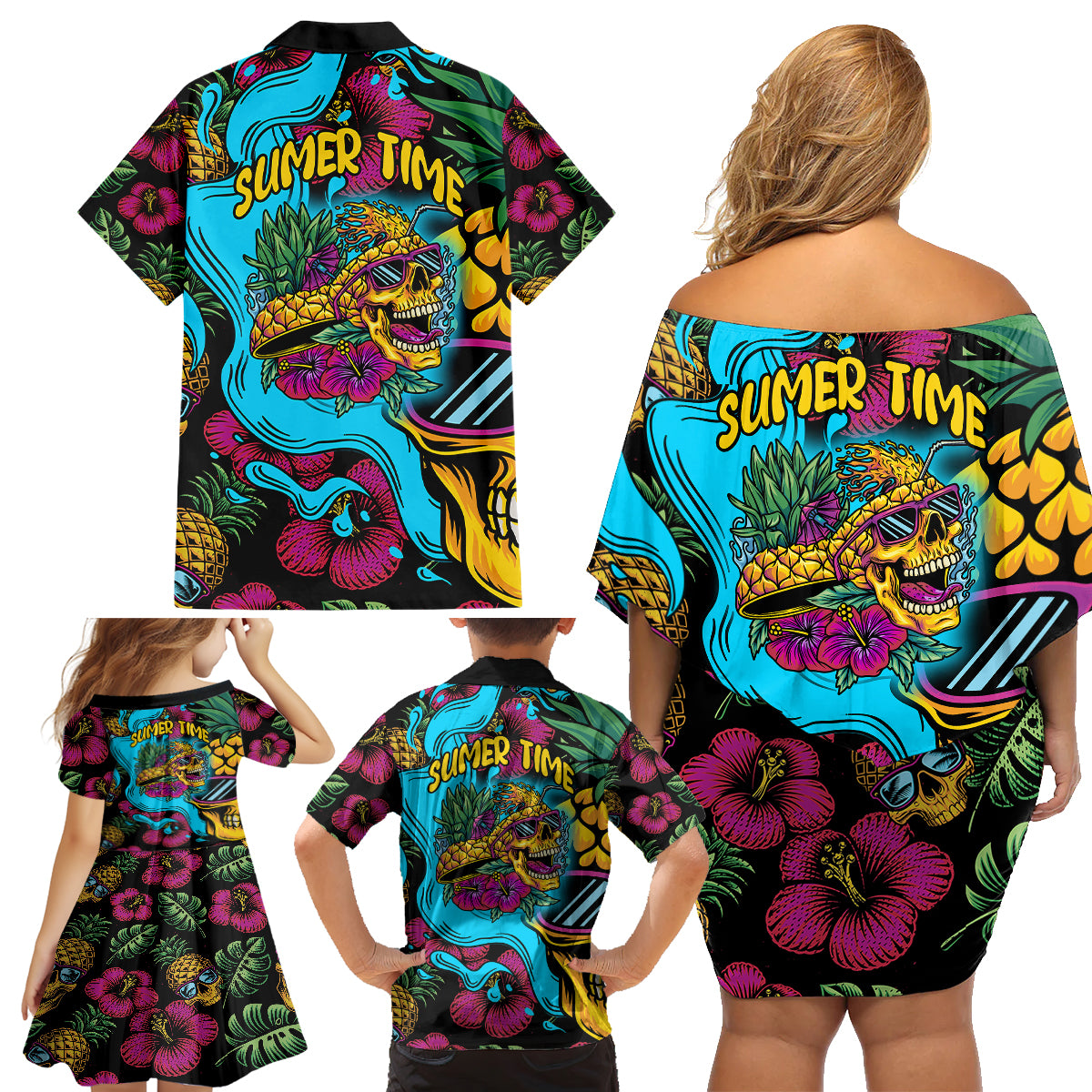 Pineapple Skull Family Matching Off Shoulder Short Dress and Hawaiian Shirt Sumer Time - Wonder Print Shop