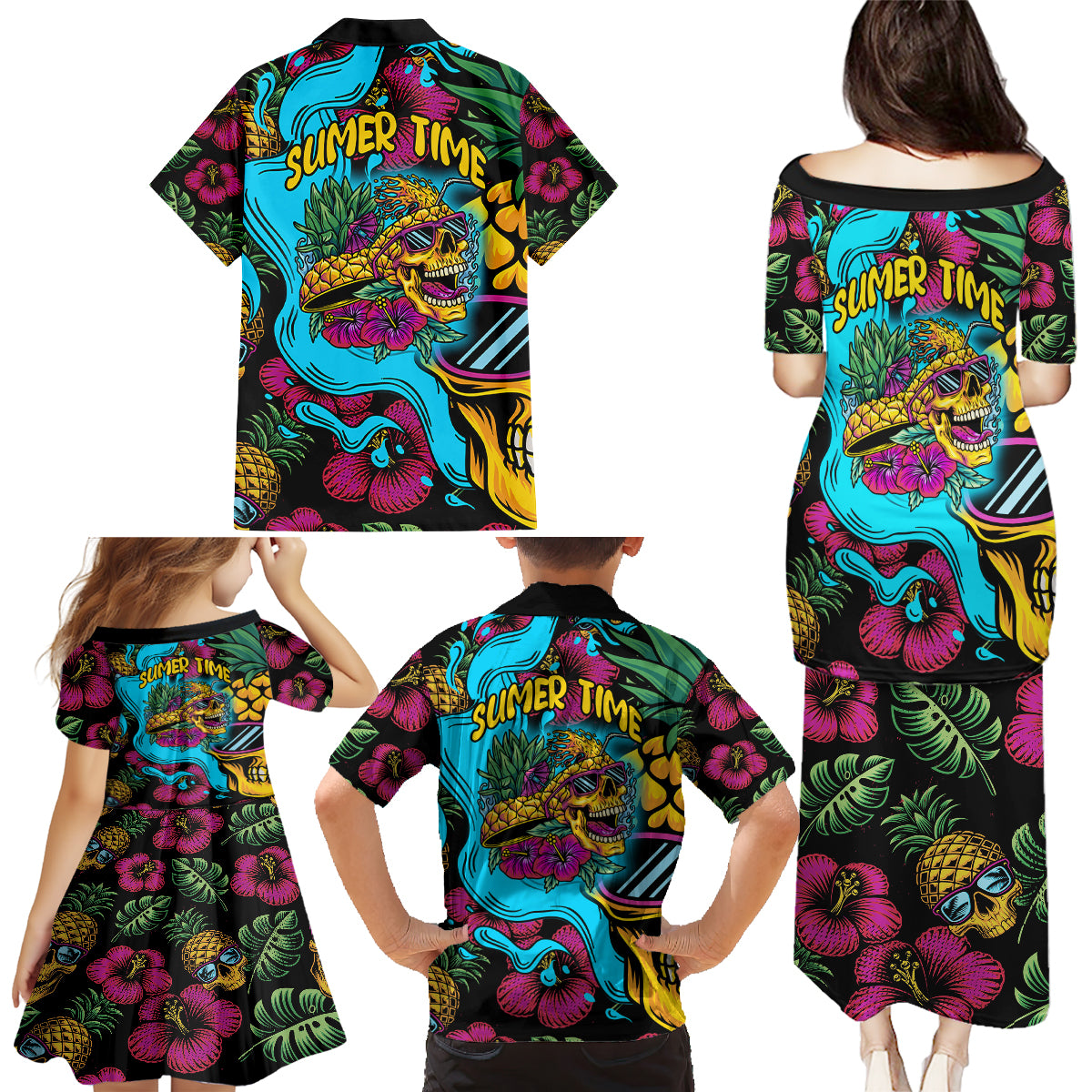 Pineapple Skull Family Matching Puletasi Dress and Hawaiian Shirt Sumer Time - Wonder Print Shop