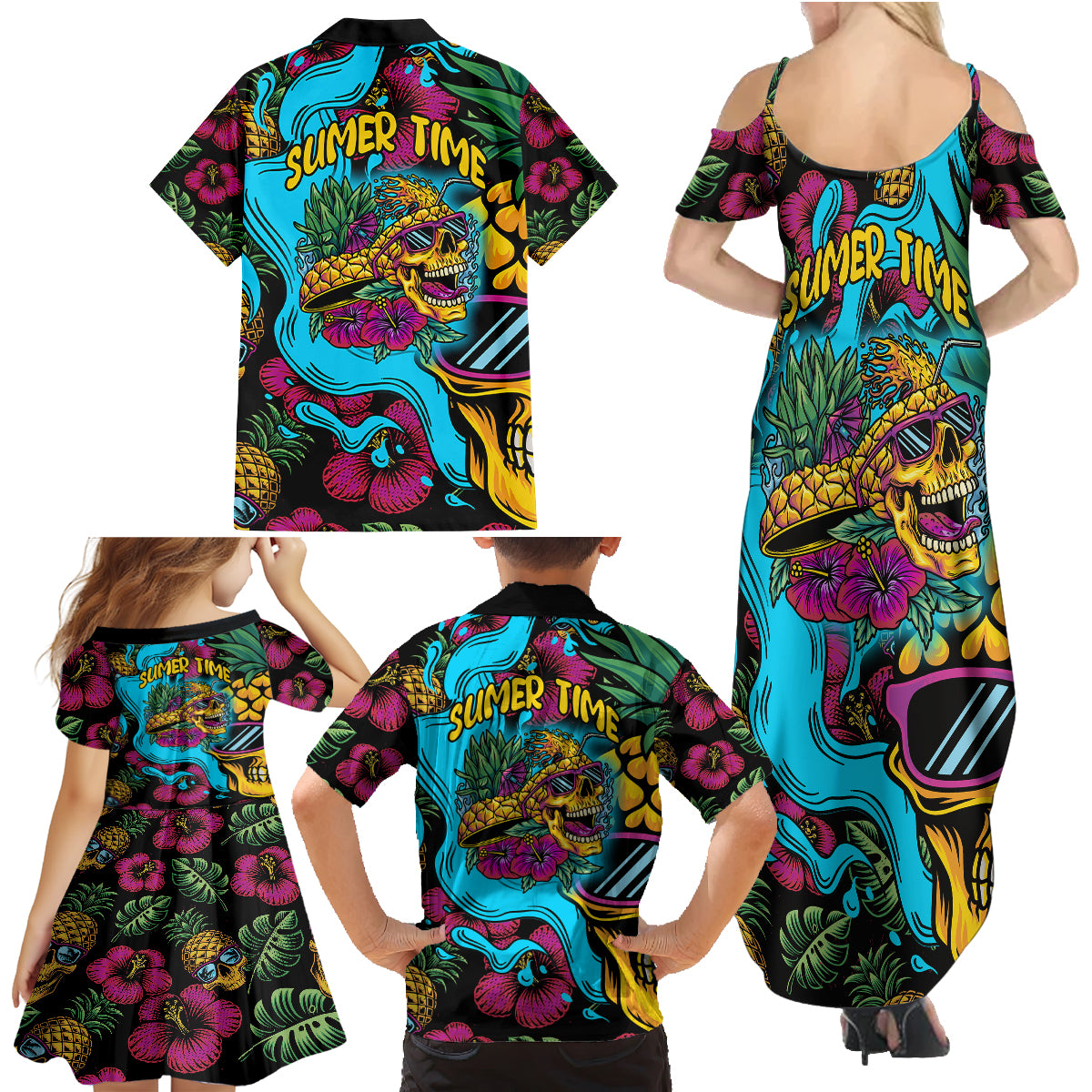 Pineapple Skull Family Matching Summer Maxi Dress and Hawaiian Shirt Sumer Time - Wonder Print Shop