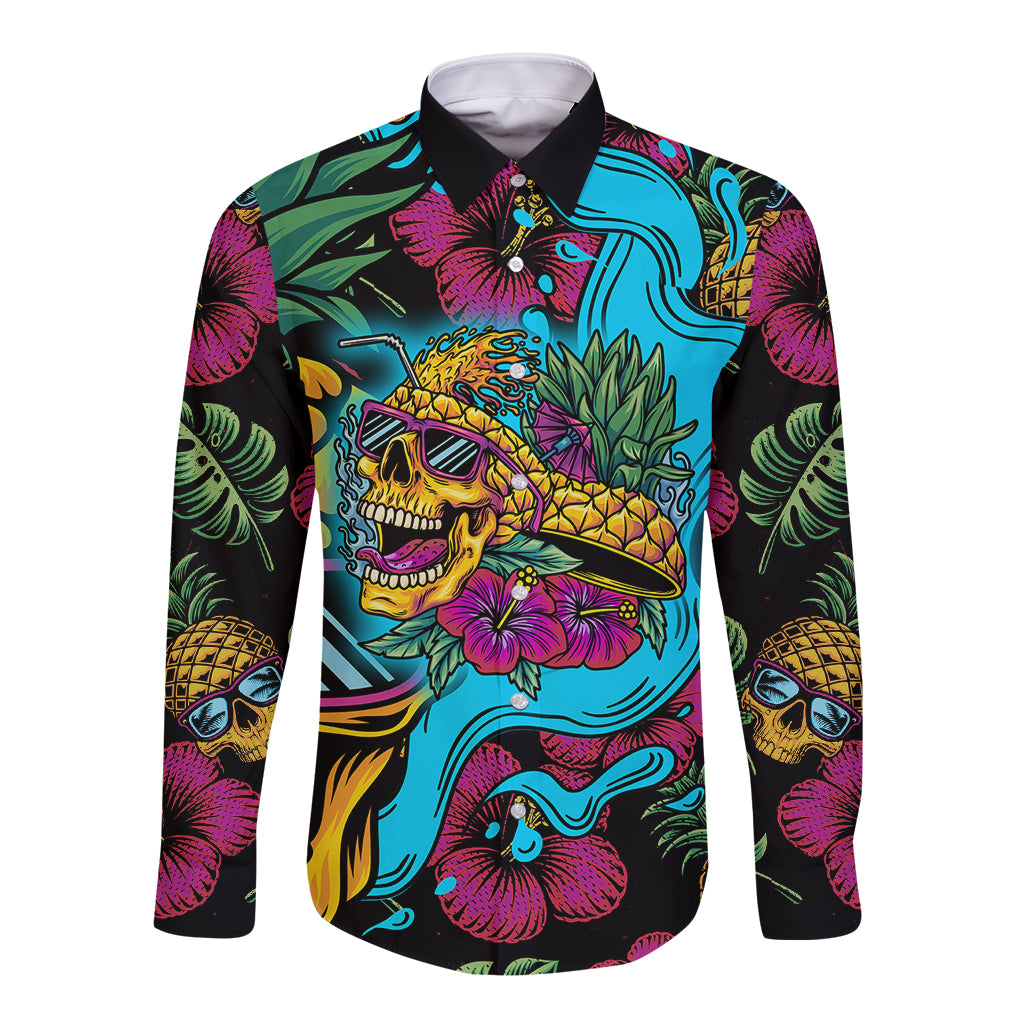 Multicolor long-sleeve button-up shirt, front view, pineapple skull tropical print