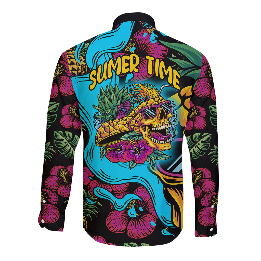 Multicolor long-sleeve button-up shirt with pineapple skull and tropical floral print