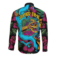 Multicolor long-sleeve button-up shirt with pineapple skull and tropical floral print
