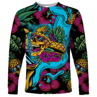 Multicolor long-sleeve shirt with pineapple skull sunglasses and tropical floral leaf graphics