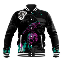 Black baseball jacket with striped ribbed collar and bold front crow skull scene