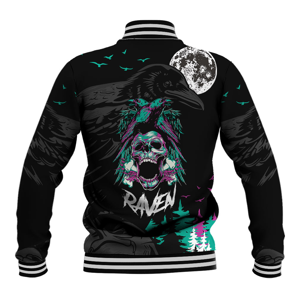 Black baseball jacket with striped ribbed collar and large back crow skull graphic