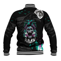 Black baseball jacket with striped ribbed collar and large back crow skull graphic