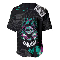 Black baseball jersey with raven skull graphic, teal and purple accents, short sleeves
