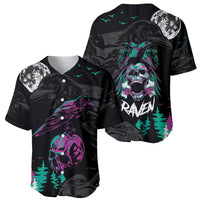 Pair of black baseball jerseys with raven skull and tree print, teal/purple graphics