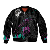 Black bomber jacket with front zip, raven skull graphic, purple wings and teal/magenta trees