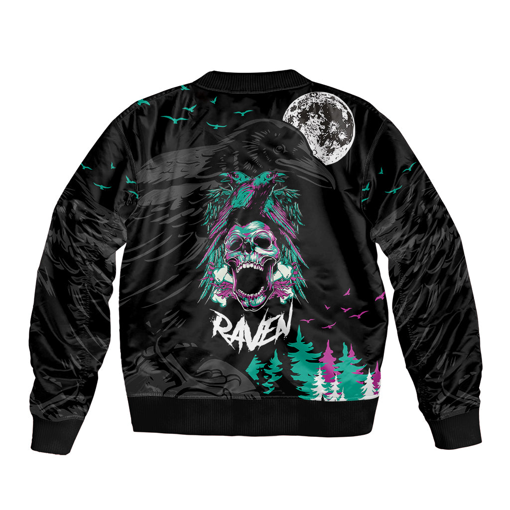 Black bomber jacket with ribbed cuffs and back raven skull, moon, neon teal/magenta forest