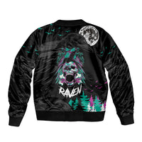 Black bomber jacket with ribbed cuffs and back raven skull, moon, neon teal/magenta forest