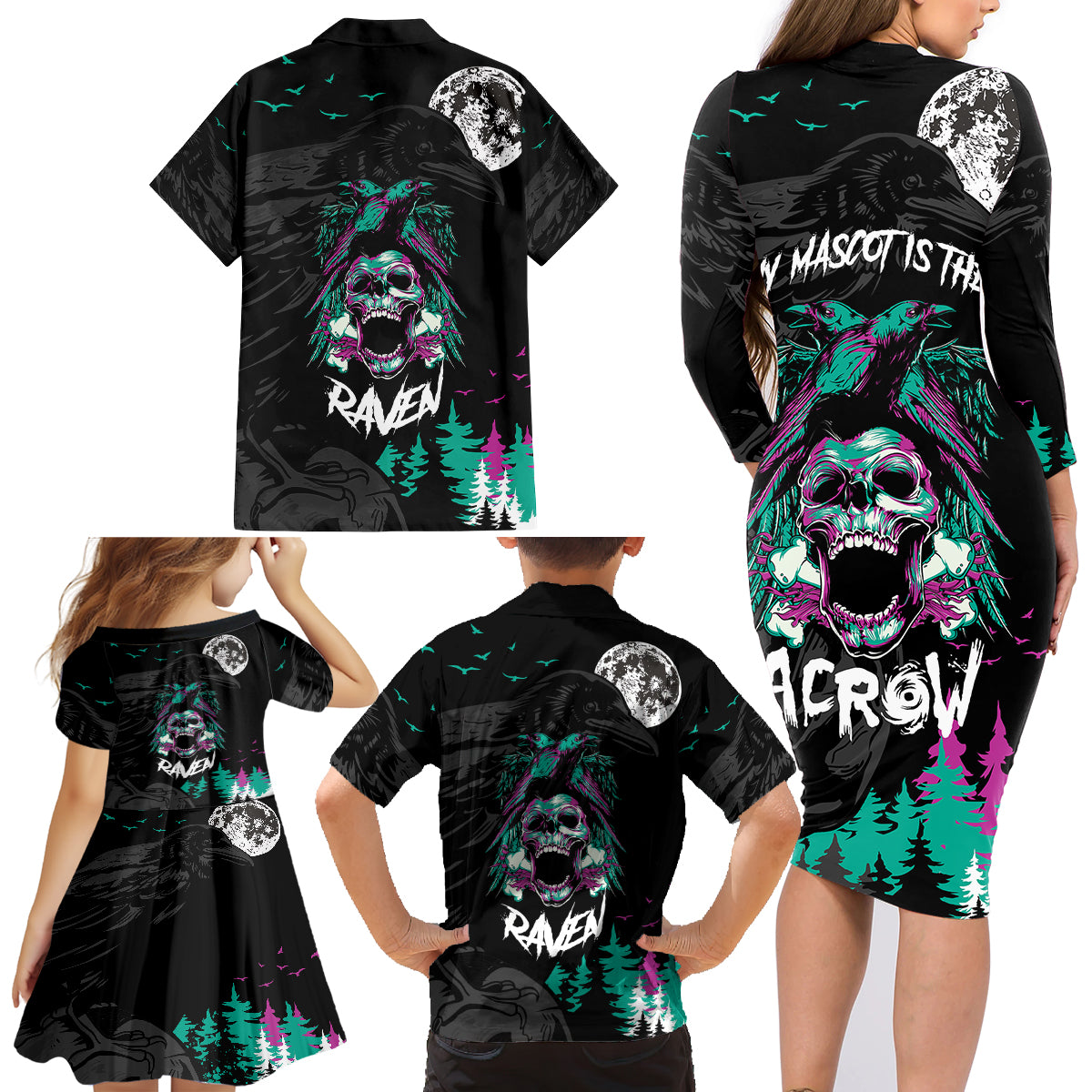 Crow Skull Family Matching Long Sleeve Bodycon Dress and Hawaiian Shirt My Mascot Is The A Crow - Wonder Print Shop