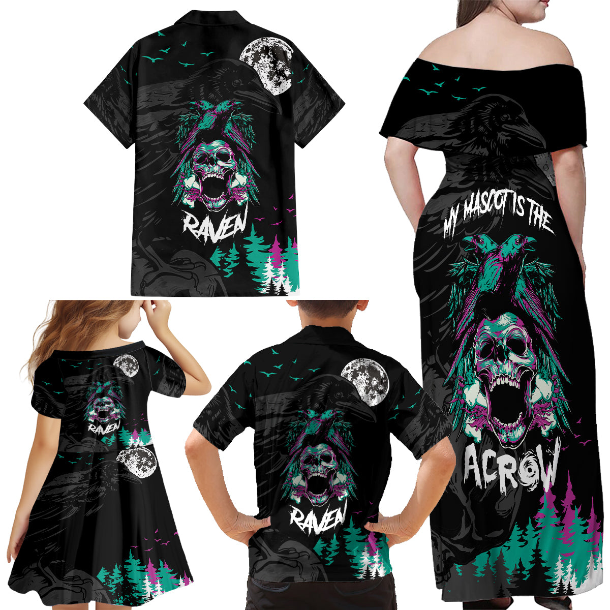 Crow Skull Family Matching Off Shoulder Long Sleeve Dress and Hawaiian Shirt My Mascot Is The A Crow - Wonder Print Shop