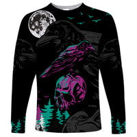 Black unisex long-sleeve shirt with crow and skull graphic, moon and birds print