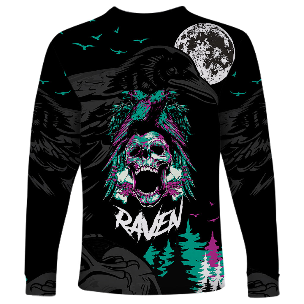 Black unisex long-sleeve shirt with crow skull and colorful raven graphic print