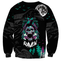 Black unisex sweatshirt with crow skull graphic, full moon, birds and forest trees