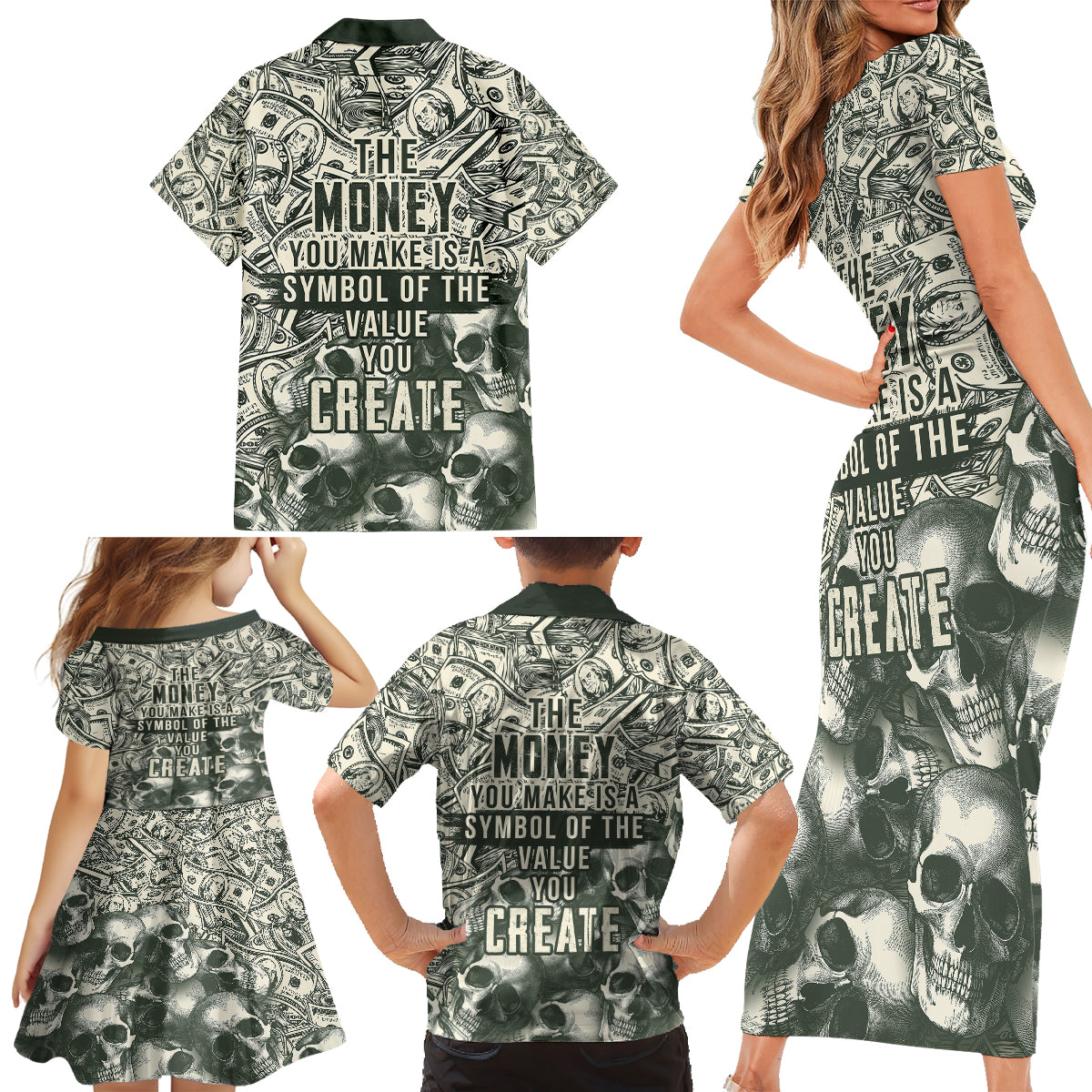 Skull Money Family Matching Short Sleeve Bodycon Dress and Hawaiian Shirt The Money You Make Is A Symbol - Wonder Print Shop