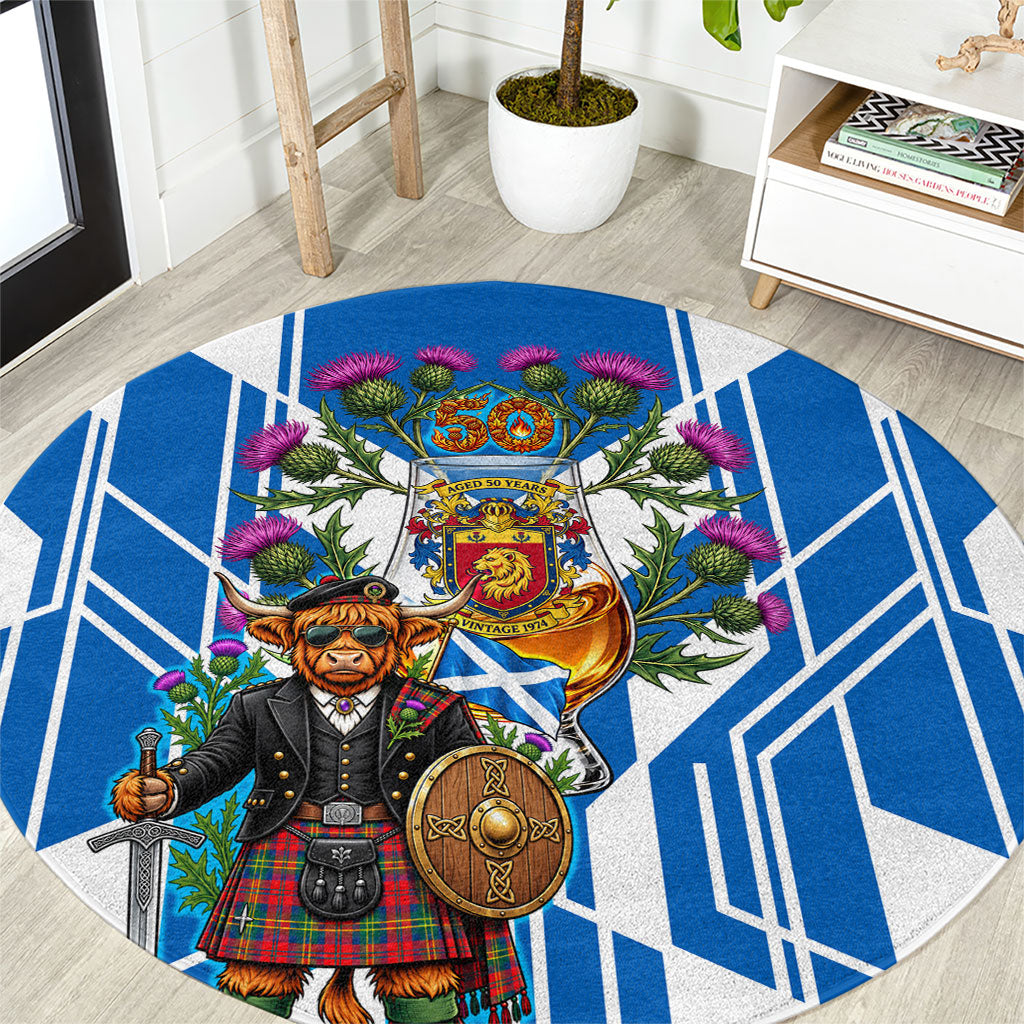 Scotland 50th Birthday Highland Cow Round Carpet Scottish Vintage 1976 Flag Whisky Thistle Celtic