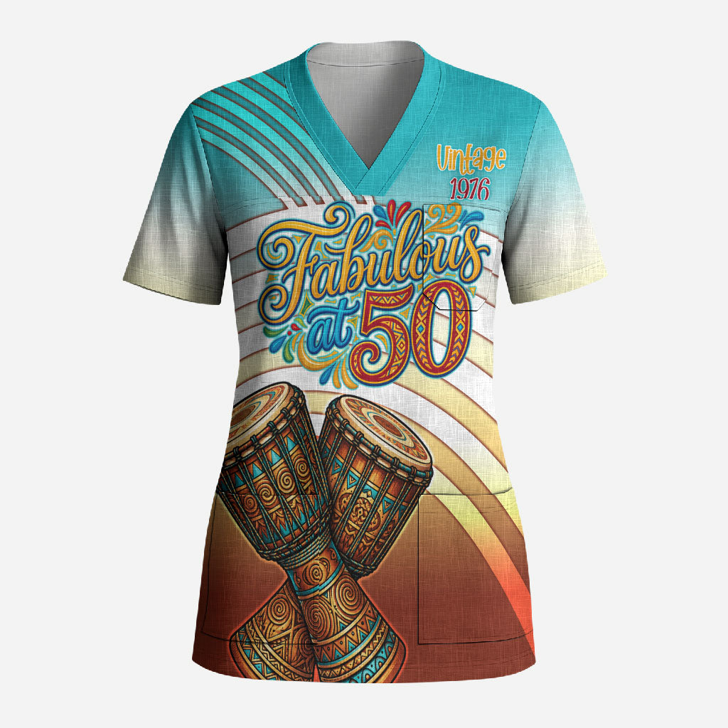 African 50th Birthday Scrub Top Vibrant Tribal Celebration Drums Vintage 1976
