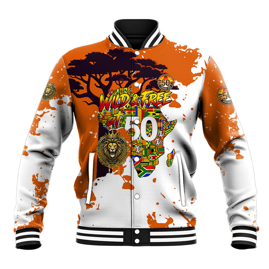 African 50th Birthday Wild And Free Baseball Jacket Safari Wildlife Map Tribal Mask Heritage Art
