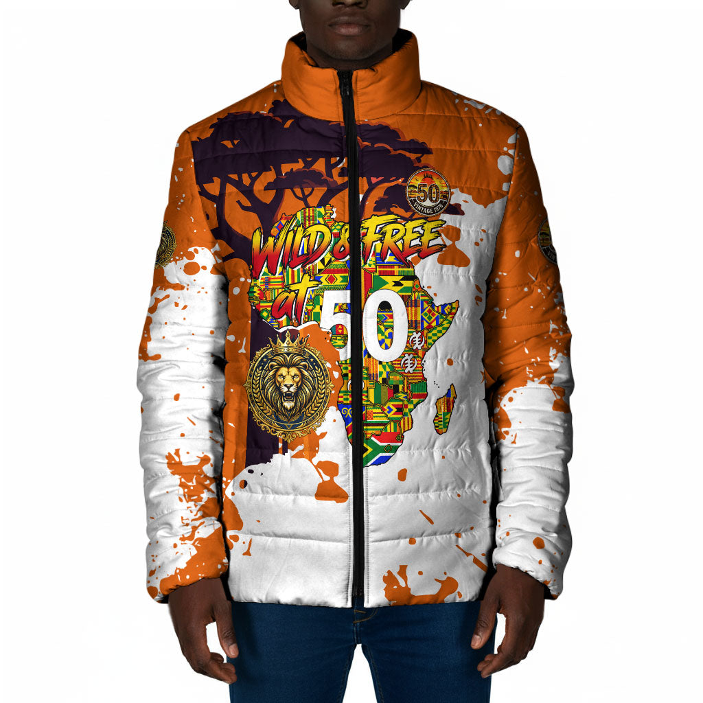 African 50th Birthday Wild And Free Padded Jacket Safari Wildlife Map Tribal Mask Heritage Art