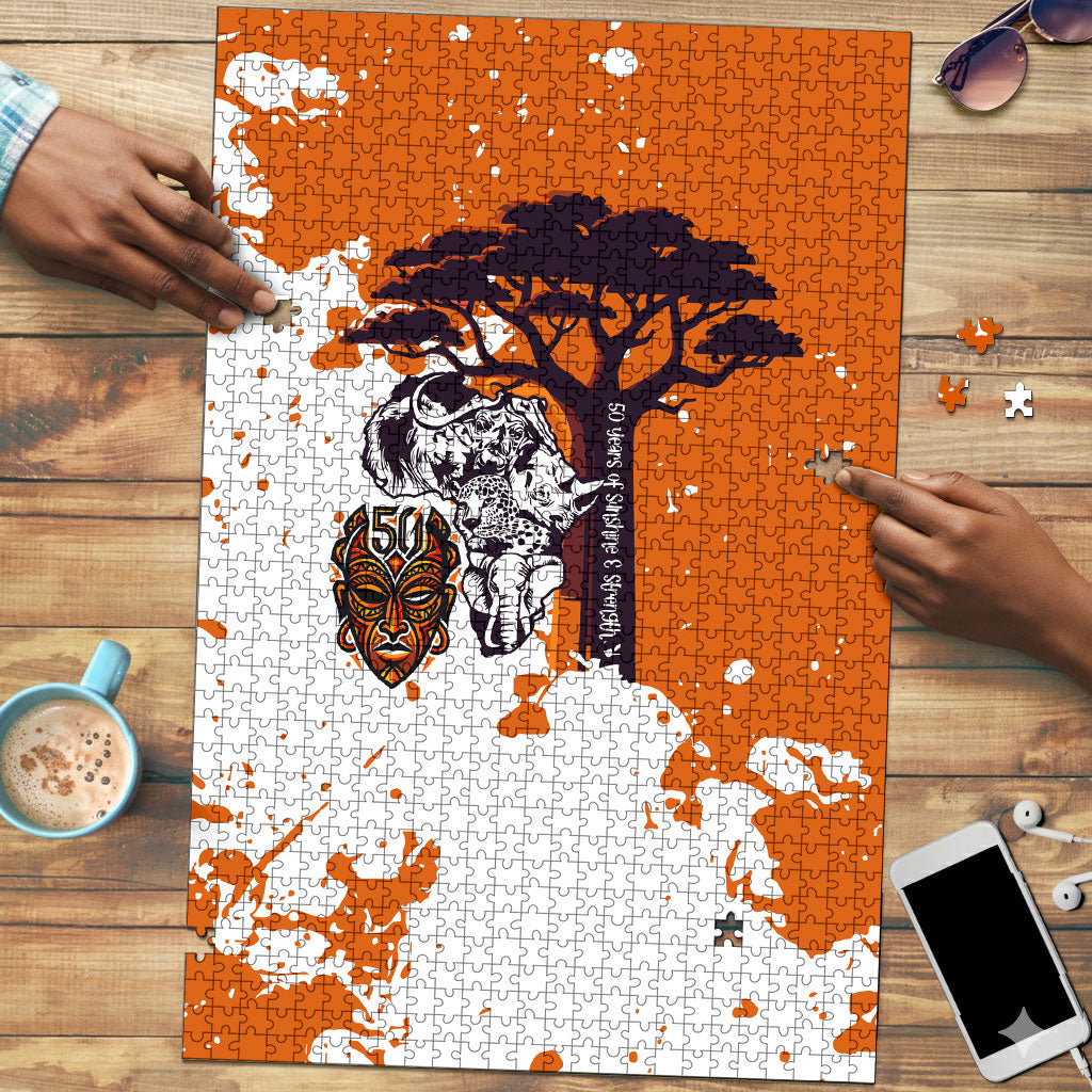African 50th Birthday Wild And Free Puzzle Safari Wildlife Map Tribal Mask Heritage Art
