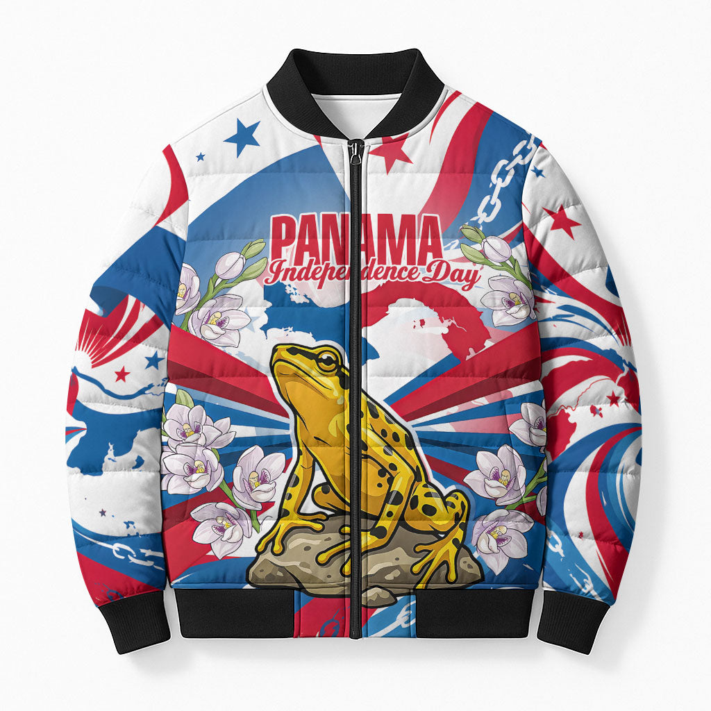 Panama Independence Day Bomber Puffer Jacket Flag Map Bridge Canal Ship - Golden Frog