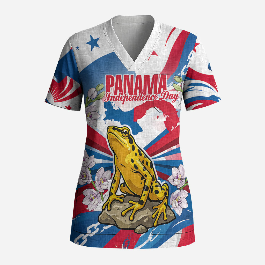 Panama Independence Day Scrub Top Flag Map Bridge Canal Ship - Golden Frog