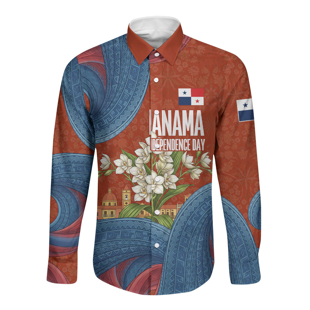 Panama Independence Day Long Sleeve Button Shirt Flag Pollera Dancer Holy Spirit Orchid