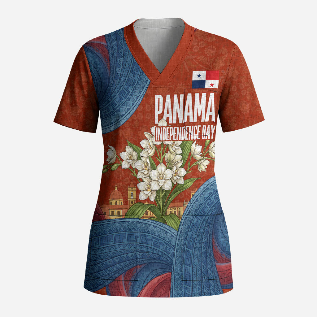 Panama Independence Day Scrub Top Flag Pollera Dancer Holy Spirit Orchid