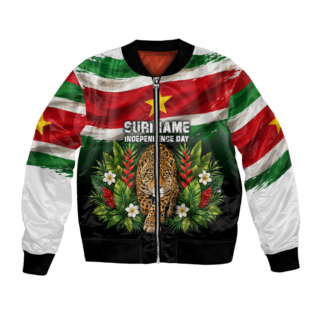 Suriname Independence Day Jaguar Bomber Jacket Tropical Jungle Wildlife And Patriotic Flag