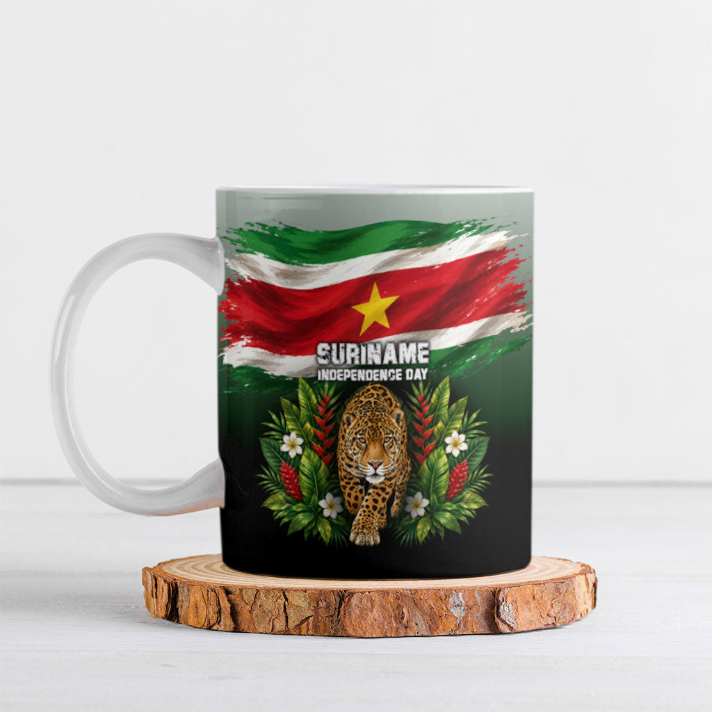 Suriname Independence Day Jaguar Ceramic Mug Tropical Jungle Wildlife And Patriotic Flag